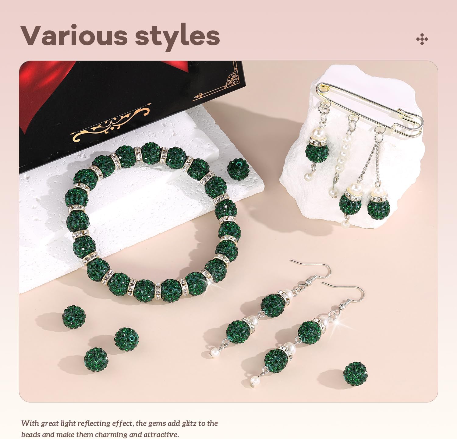 105pcs 10mm Rhinestone Beads for Jewelry Making, Dark Green Shiny Round Disco Ball Beads Bulk, Sparkle Crystal Clay Christmas for Bracelet Baseball Necklace Earring Crafting and DIY - Image 2