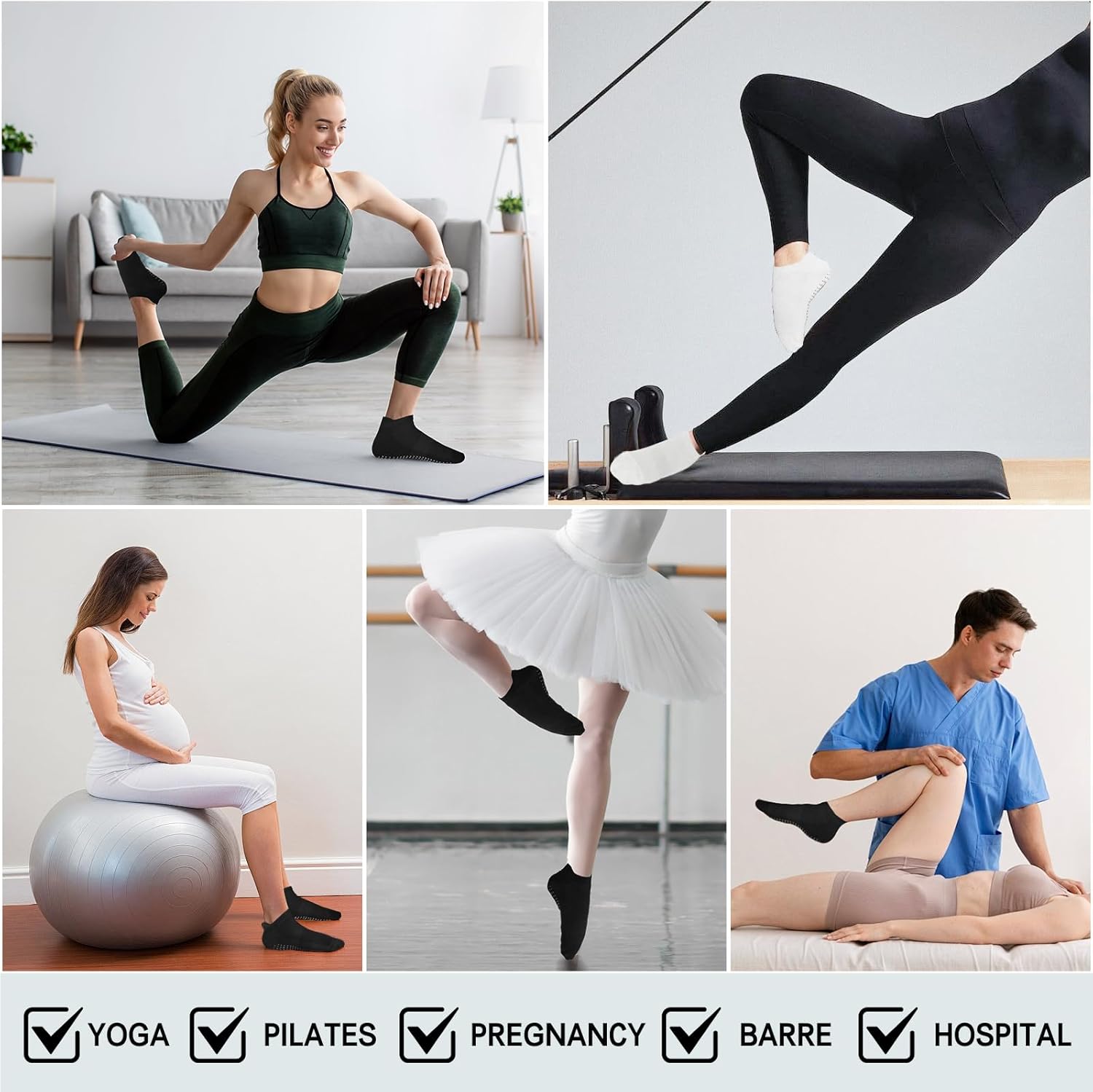 Pilates Socks Grip for Women Non-Slip Grippy Yoga Socks Ankle for Barre, Ballet, Barefoot Training & Hospital Use - Image 2