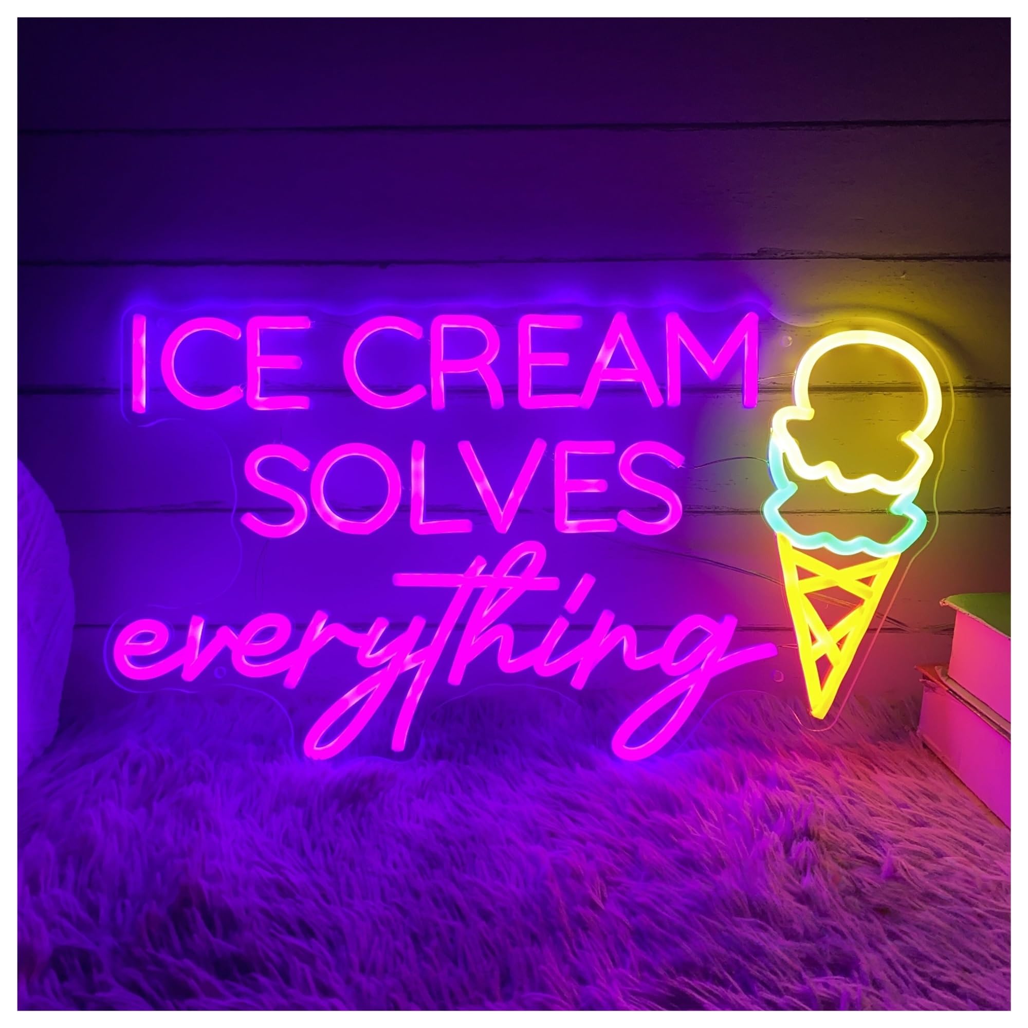 SHOUXI Sign Lamp Ice Cream Solves Everything Neon Sign, for Coffee Bar Wall Decor Light Yogurt Shop 31cmx55cm(C)