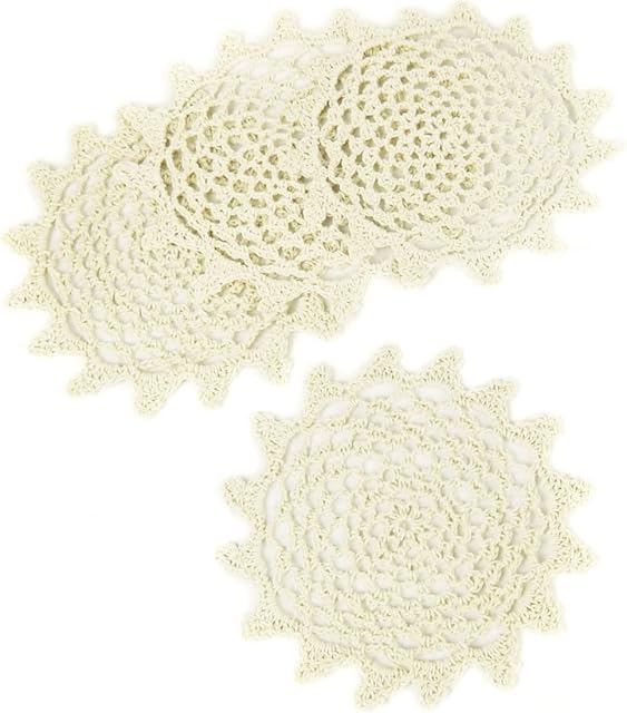 kilofly Crochet Cotton Lace Table Placemats Doilies Value Pack, 4pc, Beige, Net, 6 inch