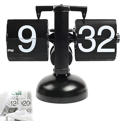 BRAINLE Large Matt Black Flip Clock for Table, Automatic Page Turning Desk Clock with Retro Mechanical Gear, Unique Rotating Number Display, Battery Powered Home & Office Shelf Decor