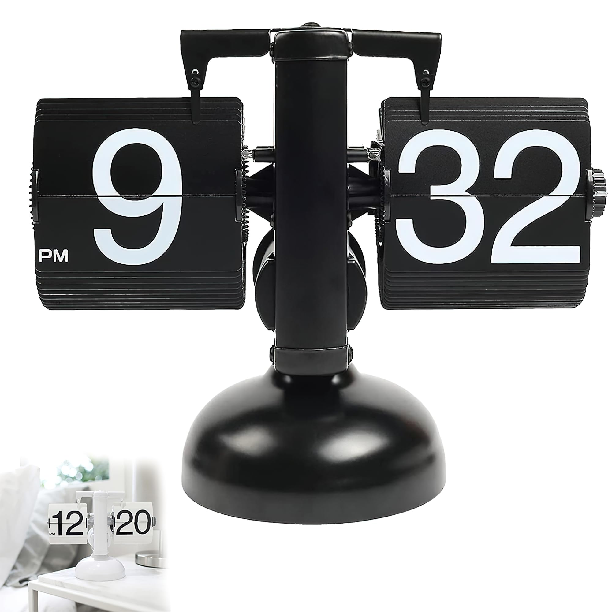 BRAINLE Large Matt Black Flip Clock for Table, Automatic Page Turning Desk Clock with Retro Mechanical Gear, Unique Rotating Number Display, Battery Powered Home & Office Shelf Decor