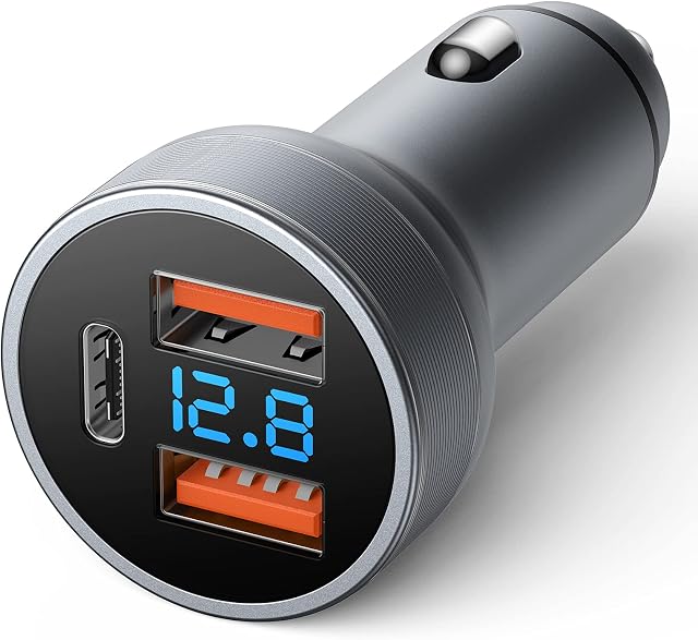 USB C Car Charger, 54W Dual QC 3.0 Ports + 36W PD Port Fast Charge Car Adapter, Mini Metal Cigarette Lighter with Blue LED Light for iPhone 13/mini/Pro/Pro Max/12/11,SE, Samsung S21/ S20/S9
