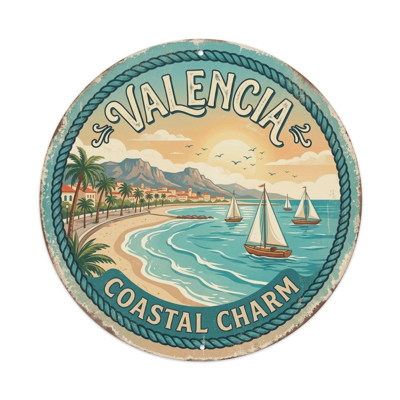 Cmhok Vintage Style Vintage Travel Mediterranean Valencia Beach Metal Tin Sign Plaque Wall Decor For Cafe, Club, Garden Round Metal Poster 8X8inch