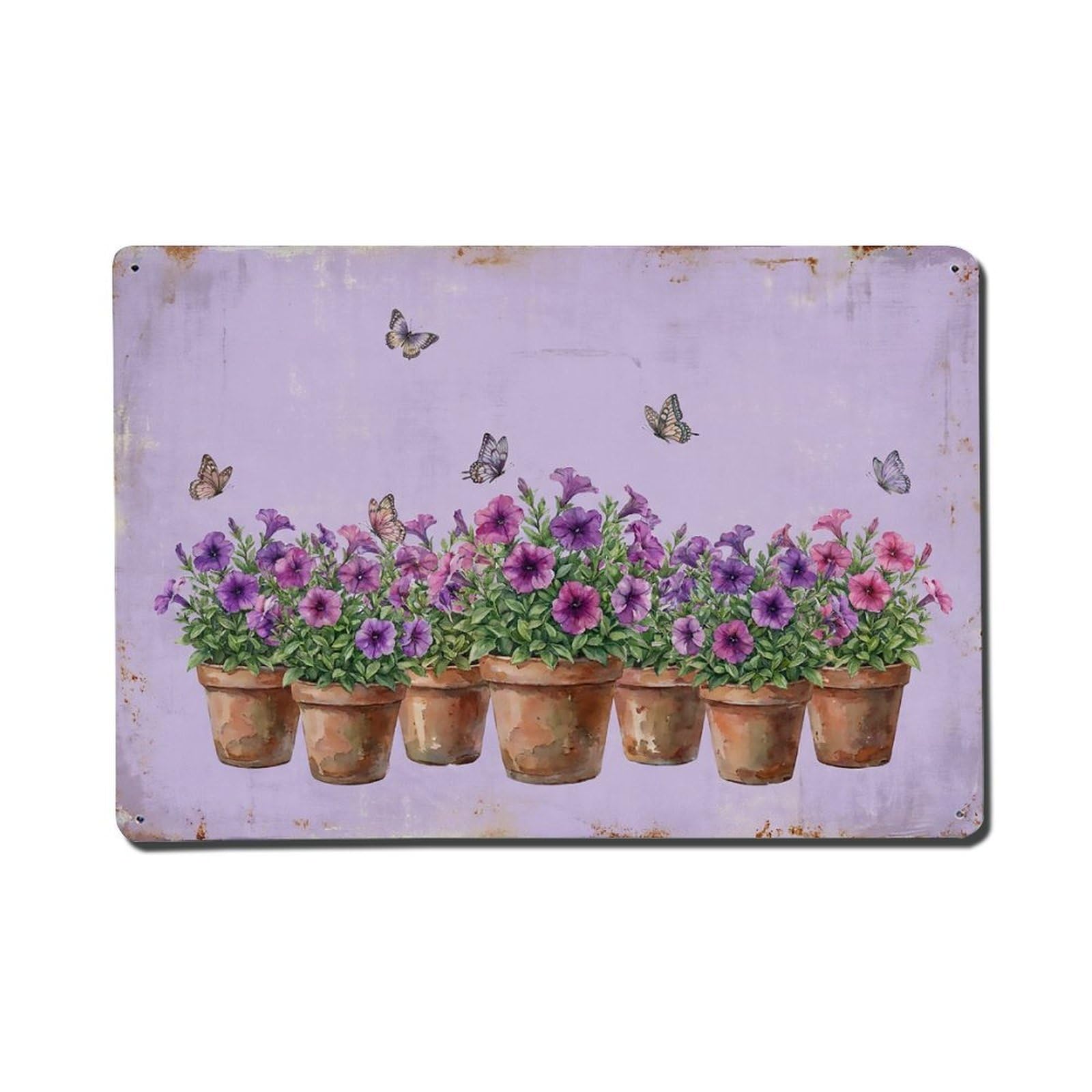 Vintage Rustic Flower Potted Plants Petunia Metal Tin Sign