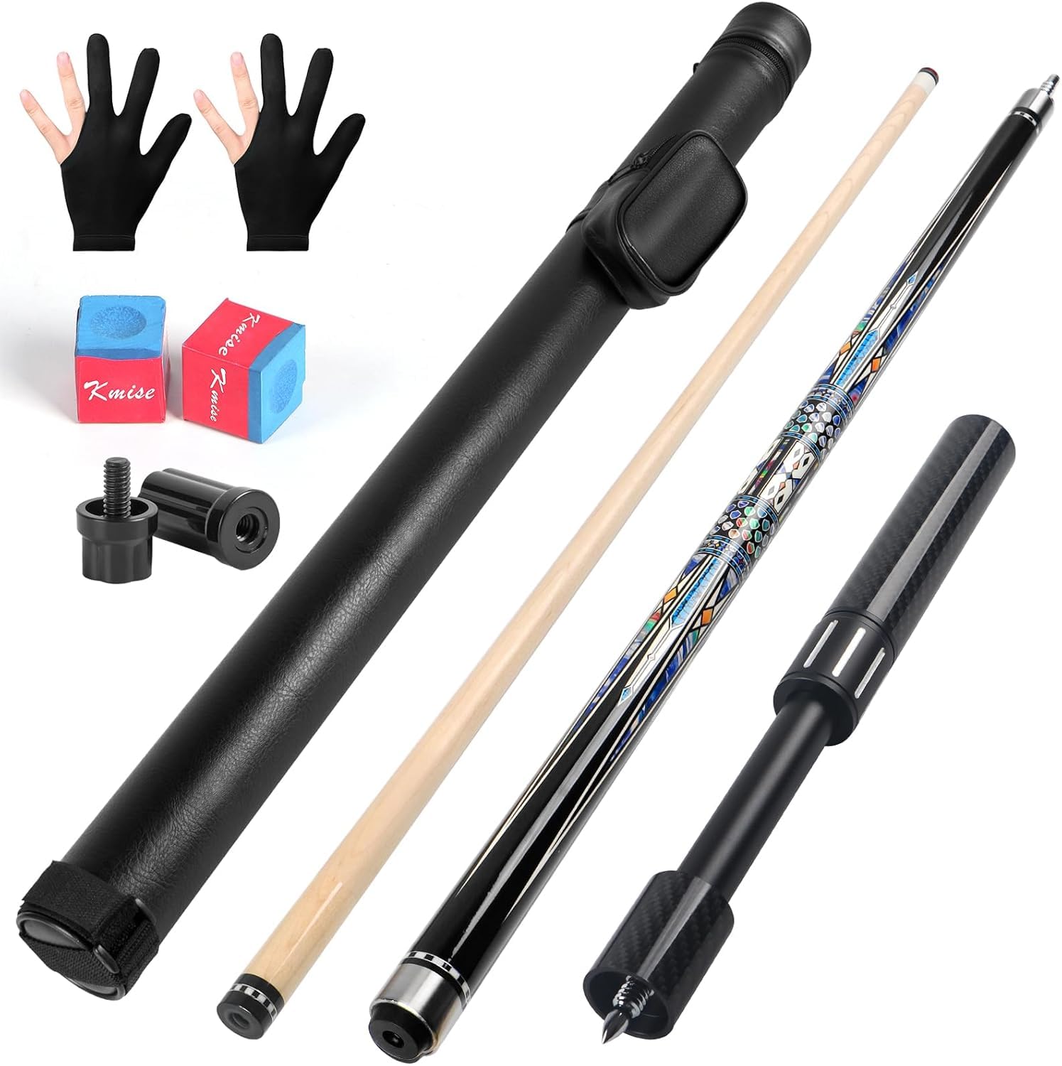 Kmise Bastone da biliardo in acero canadese con asta a bassa deflessione e prolunga telescopica in fibra di carbonio, set con custodia in pelle