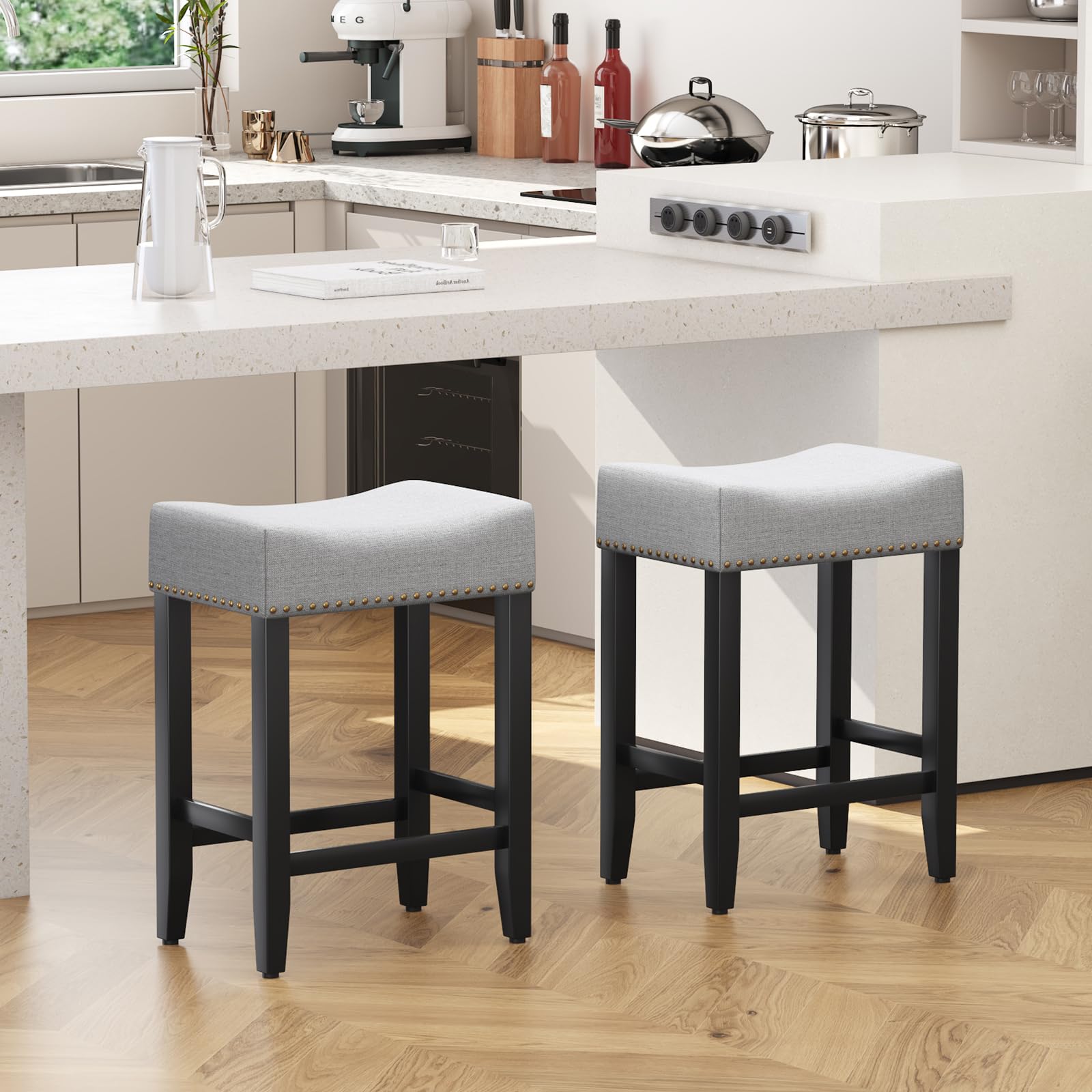 Set di 2 Sgabelli da Bar, Sgabelli da Bar ad Altezza Bancone Sgabello da Sella Alto da 65.5cm, Sedia Trucco Cucina in Lino, Poggiapiedi per Sala da Pranzo, Cucina ad Isola, Caffetteria, Grigio