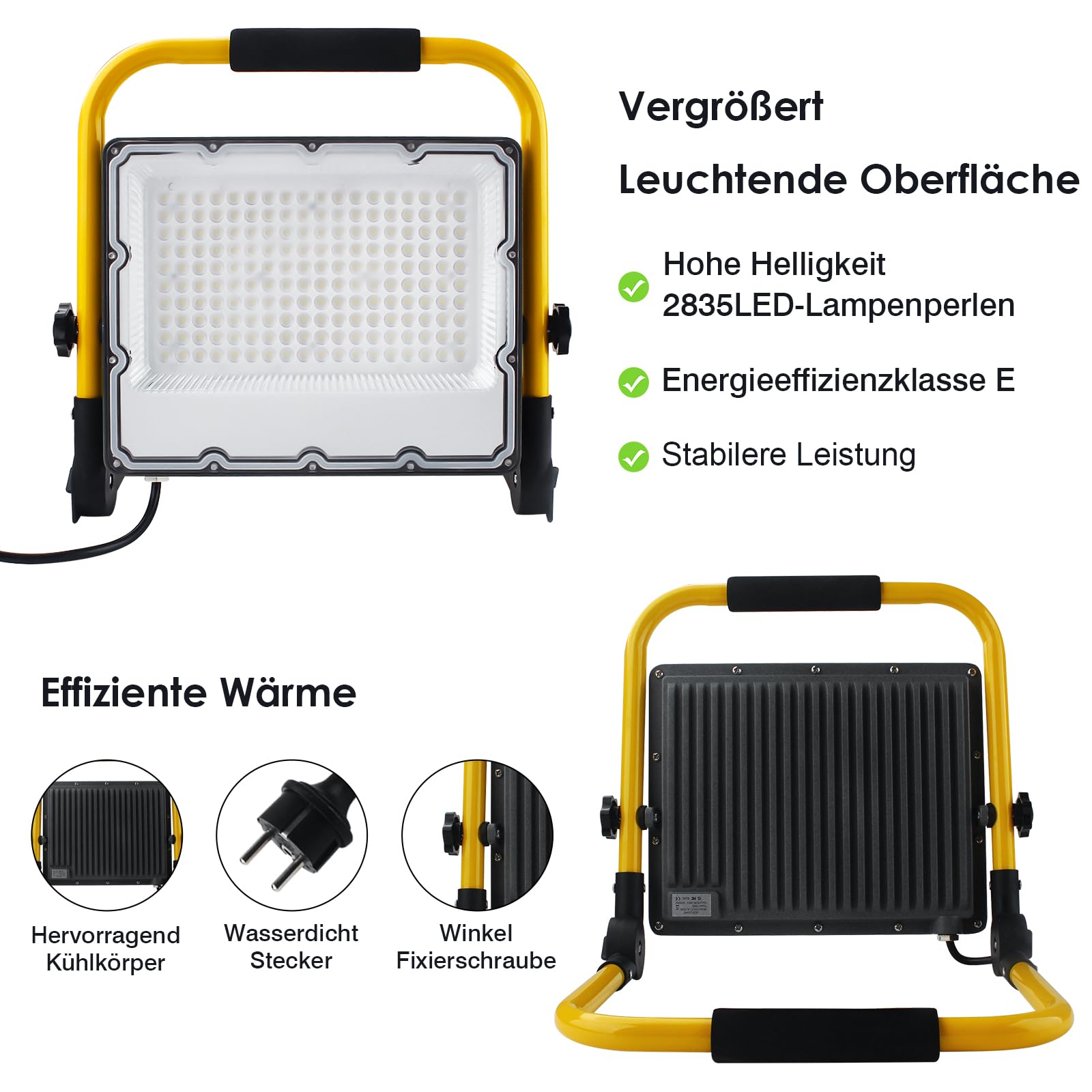 150W LED Baustrahler mit Stativ und 4m Kabel,IP66 Wasserdichter Arbeitsscheinwerfer mit Schuko-Stecker für Werkstatt,Wartung oder Baustelle, 6500K Kaltes Weißes Licht,15000 Lumen