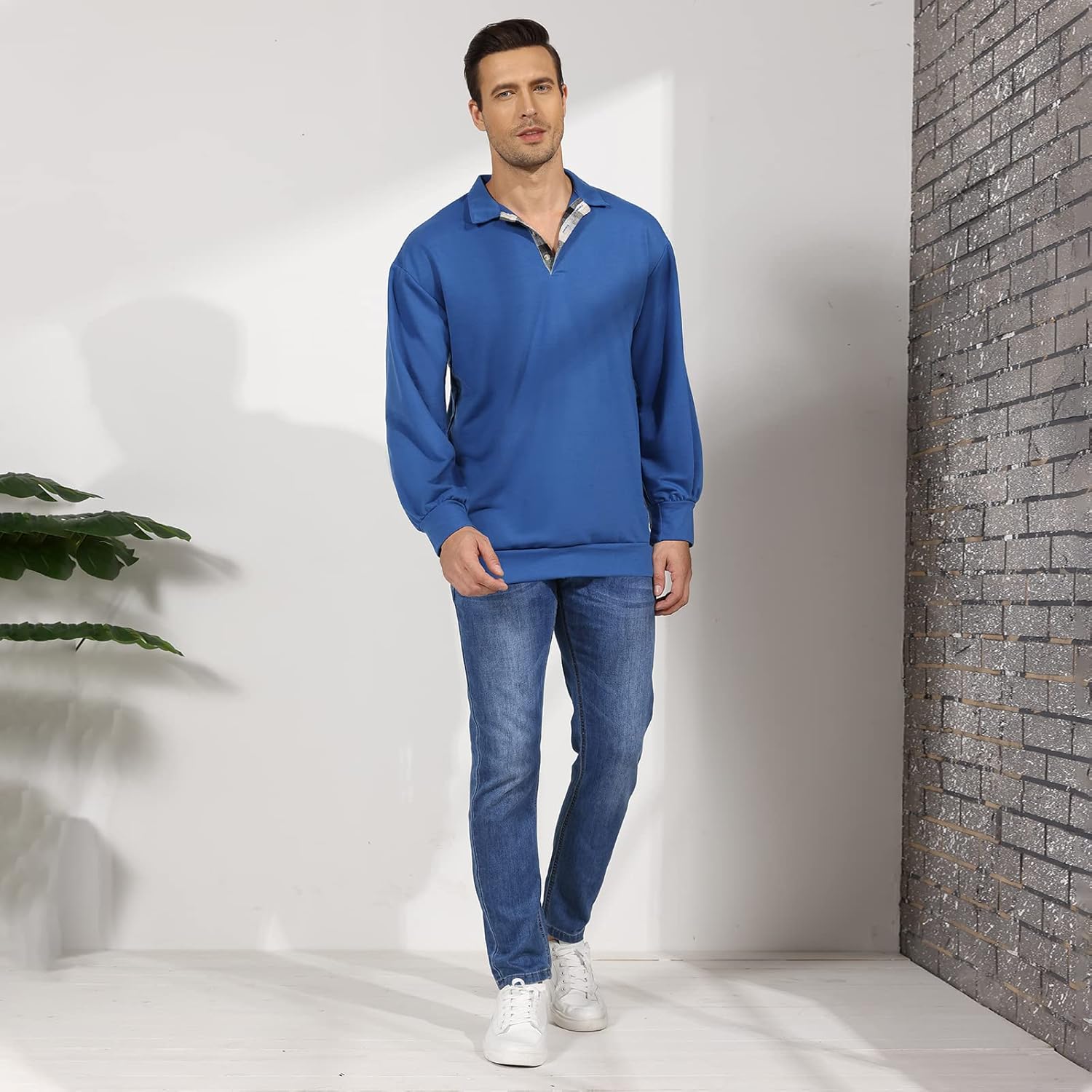 Opomelo Men's Long Sleeve Pullover Polo Shirts-Casual Loose Fit Sweatshirts V Neck Tops - Image 8