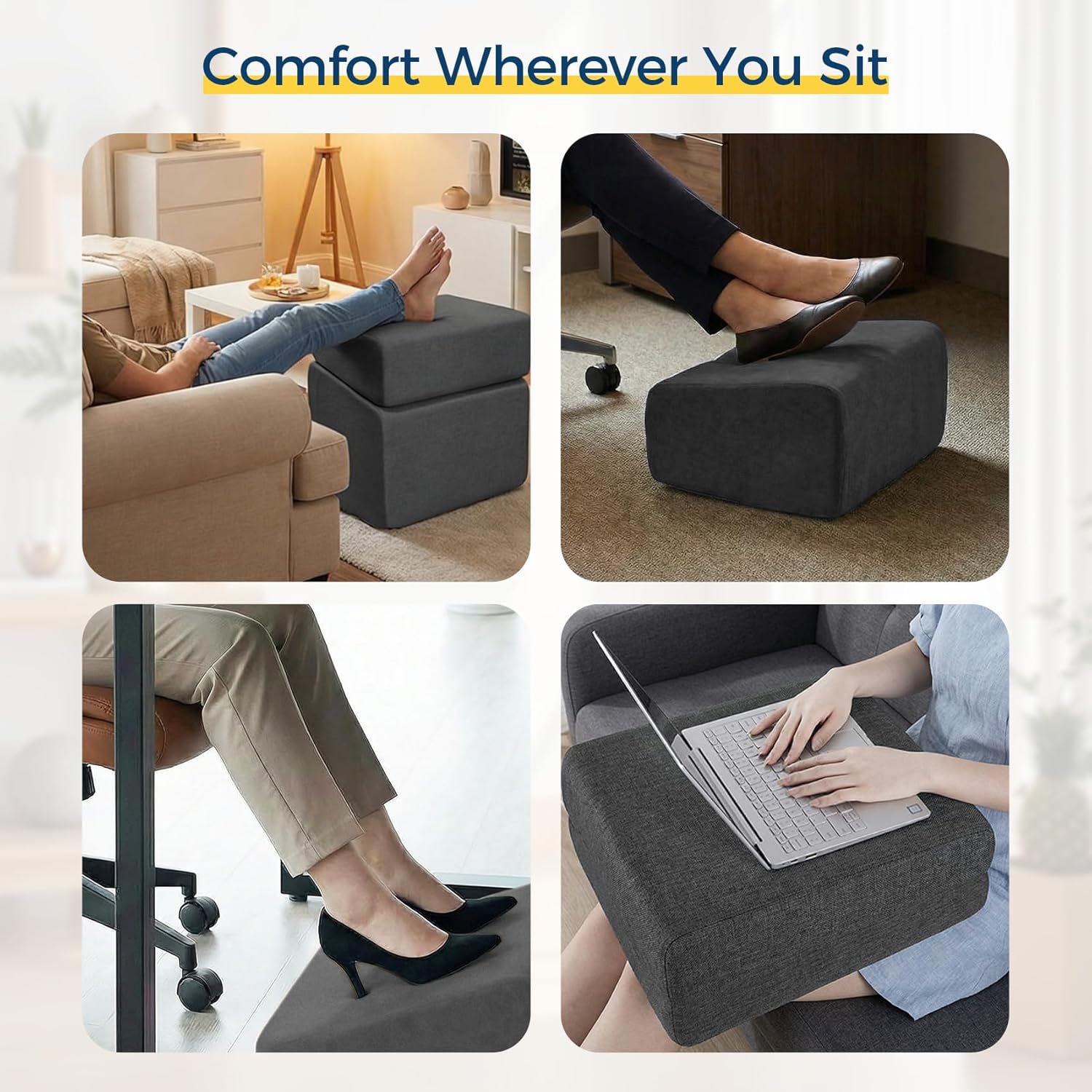 Adjustable Under Desk Foot Rest, Ergonomic Footrest with 3 Height Options, High-Density Foam Support & Linen-Style Washable Cover, Non-Slip Bottom for Office, Home & Travel