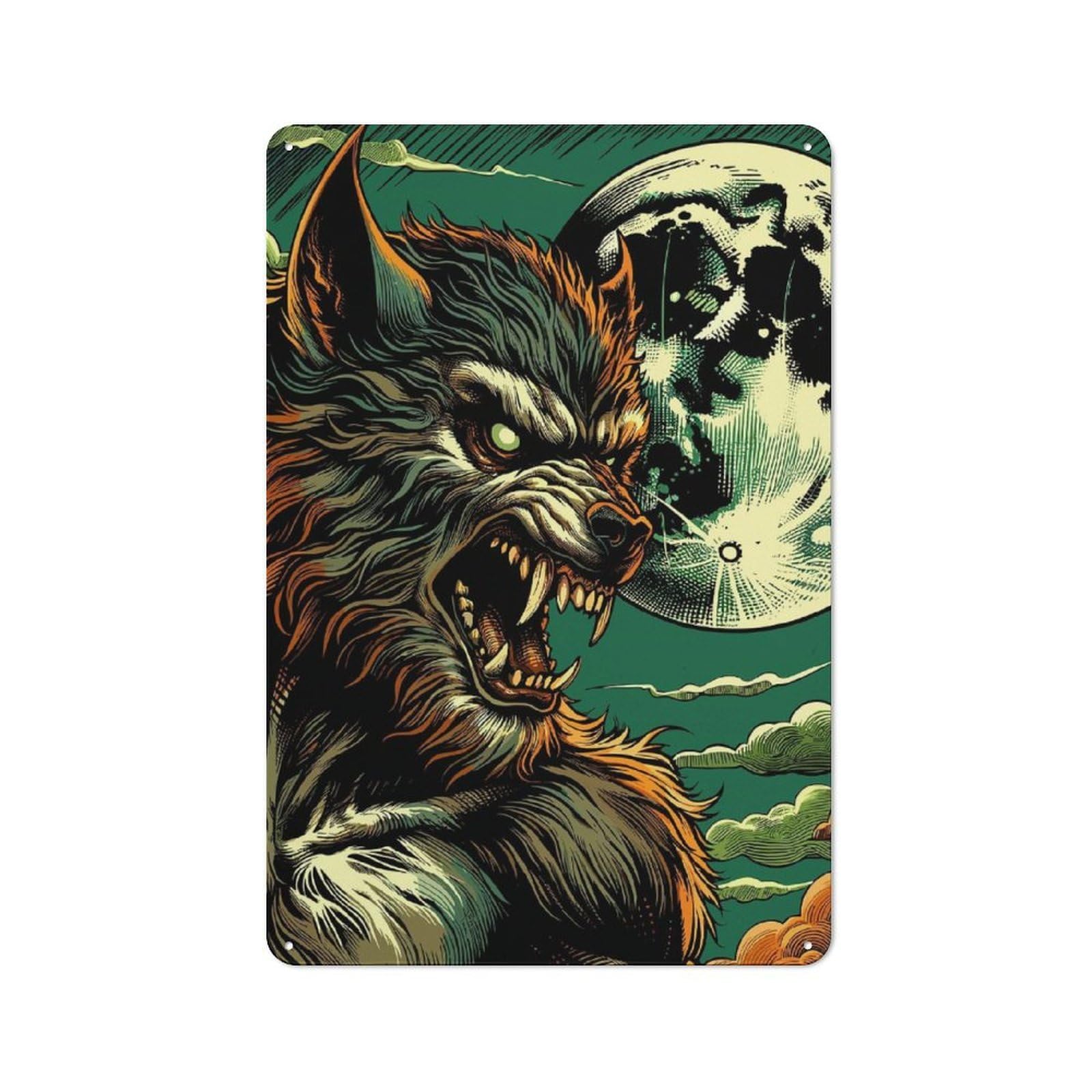 Junmoney Werewolf Under Full Moon Rustic Metal Wall Sign 30X20cm Featuring For Garage Wall, Tin Sign Wall Decor For Garages And Workshops