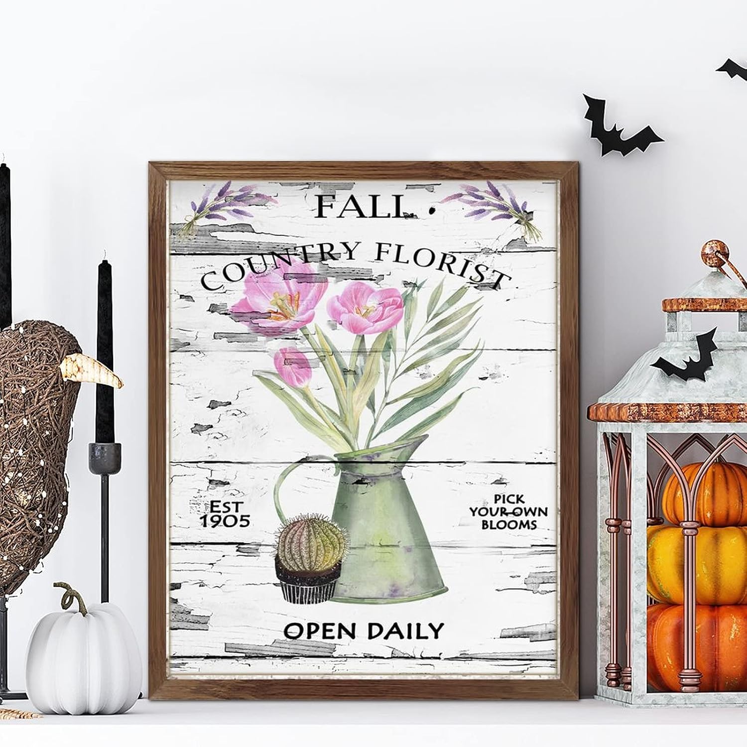 Country Florist Open Daily Wooden Framed Signs Fresh Pink Flower in Kettle Wall Art Sign Rustic Garden Floral Wood Decor Farmhouse Wall Hanging Plaque for Bedroom Living Room Outdoor Home 20x16inch