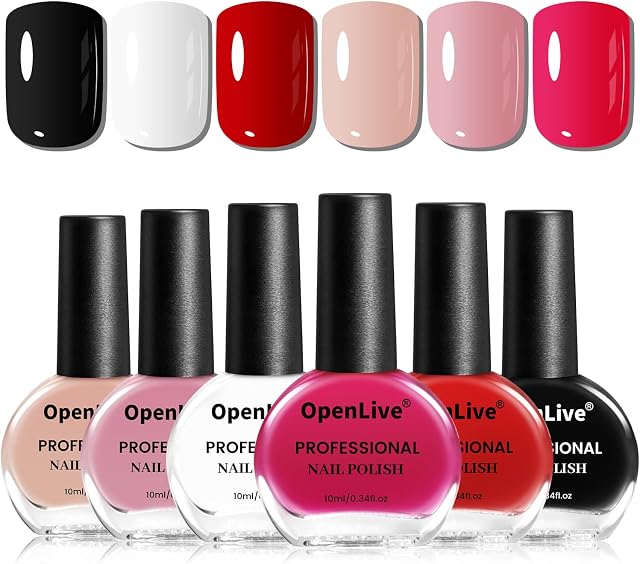 OpenLive Nail Polish Set 6 Colors Multi colour Quick Drying Nail Polish, Black White Red Pink Collection Gifts for Women