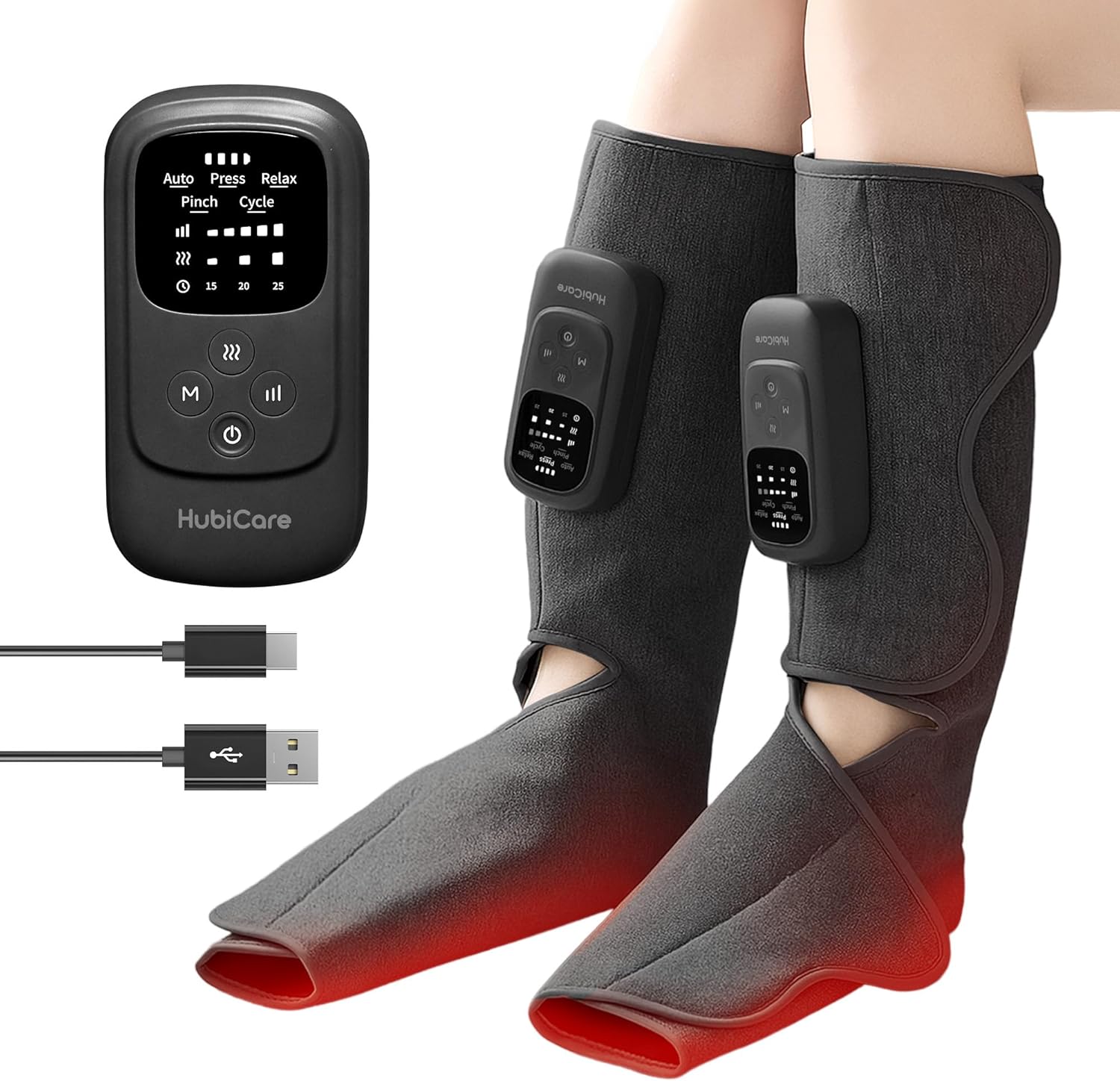 HuBDIC HubiCare Cordless Calf and Feet Massager with Heat and Air Compression for Circulation and Pain Relief, 5 Modes with 5 Intensities, Reduce Swelling, Muscles Relaxation Device (Black)