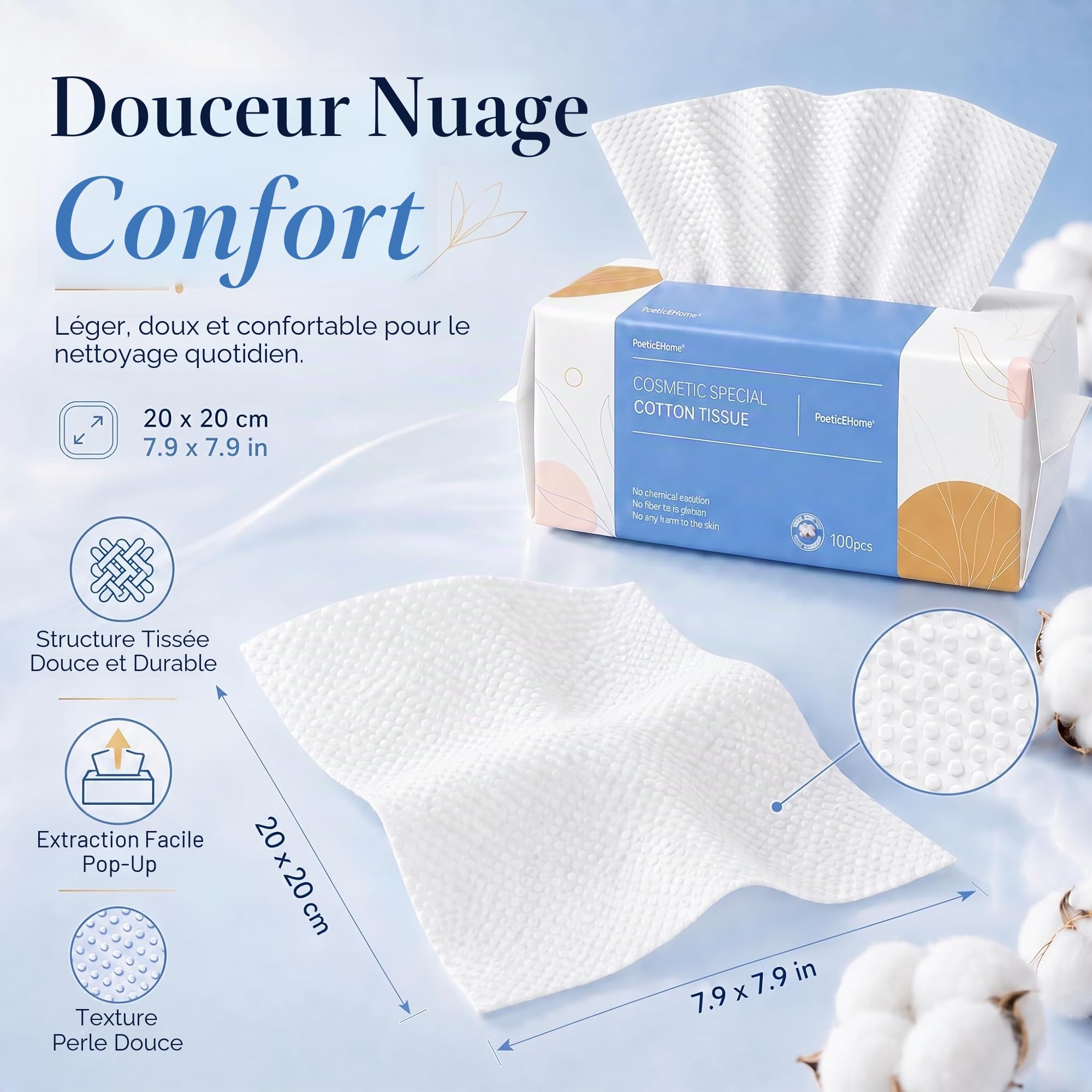 PoeticEHome Lot de 600 Lingettes sèches jetables en coton doux pour le visage - Biodégradables serviettes non pelucheuses - Convient aux peaux sensibles, nettoyage de surface et démaquillage