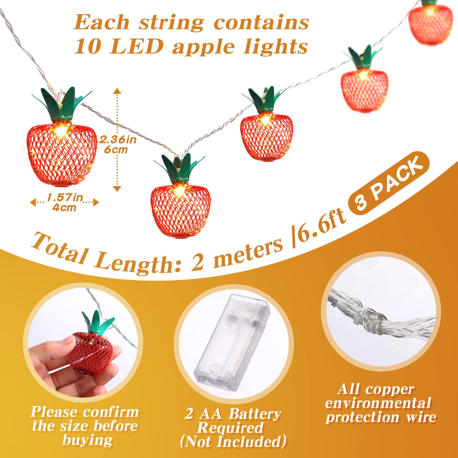 VIHOSE 3 juegos de 10 luces LED de manzana en forma de fruta, luces de hadas que funcionan con pilas, decoración de lámpara colgante LED para decoración de fiesta temática de otoño, dormitorio,