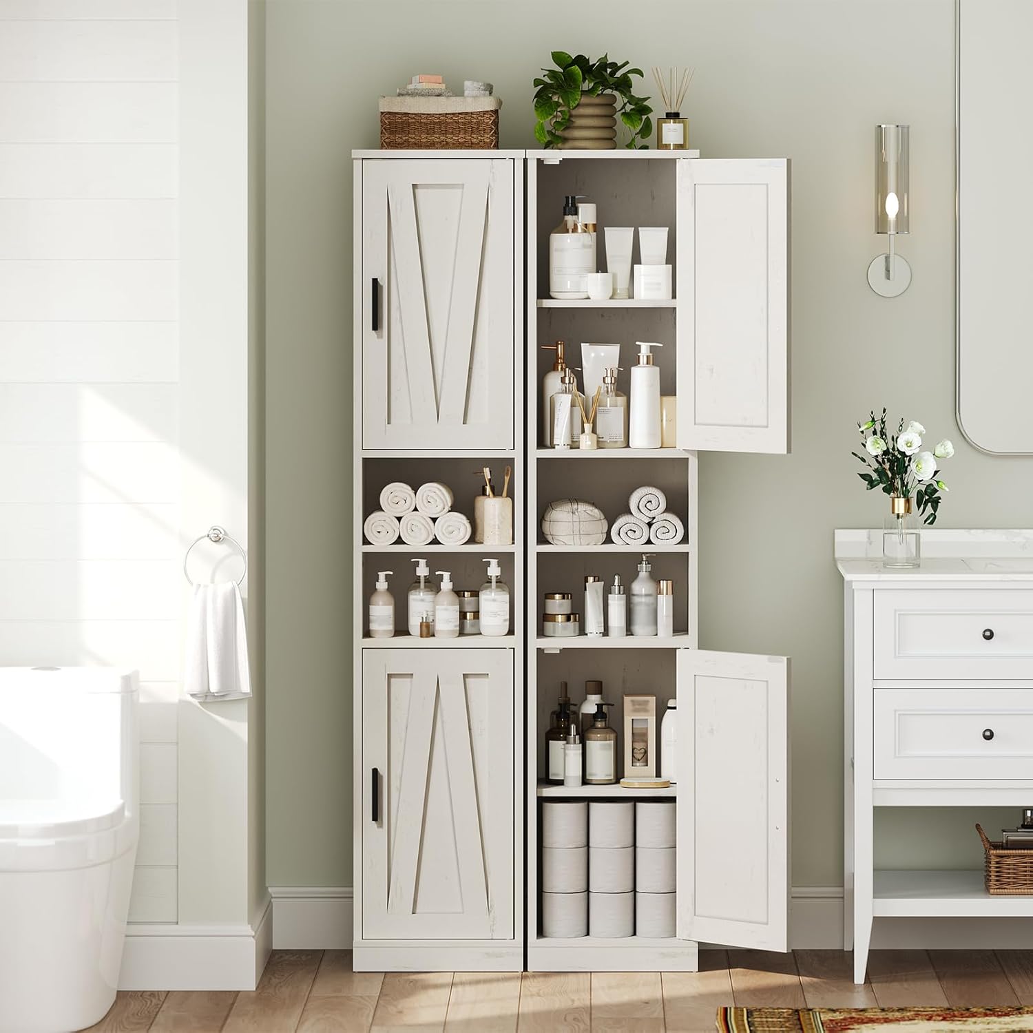 Tall Bathroom Cabinet with 2 Barn Doors, Farmhouse Cabinet with Adjustable Shelves, Freestanding Bathroom Storage Organizer for Small Space, Kitchen, Bedroom, Cloud White
