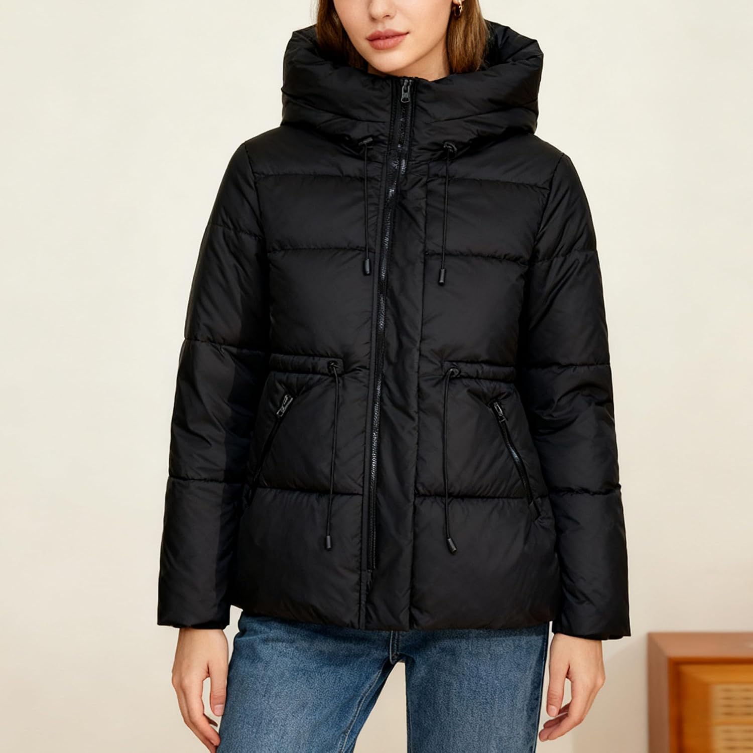Women's Cropped Puffer Jacket Coats Winter Zip Up Hooded Short Warm Padded Jacket Parka Coat Outerwear with Hood 2025