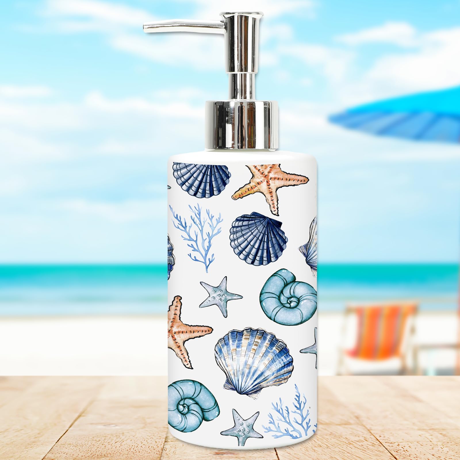 JarThenaAMCS Summer Ocean Seifenspender Glasspender mit Pumpe, nachfüllbar, Muschel, Seestern, Koralle, Flüssigseifenbehälter für Küste, Strand, Zuhause, Küche, Badezimmer, Arbeitsplatte