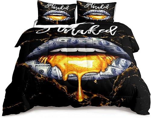 Miniatura 2 de LUVIVIHOME Juego de edredón de 3 piezas con diseño de labios y dinero, tamaño Queen, con textura de mármol de cien dólares, diseño moderno de mármol