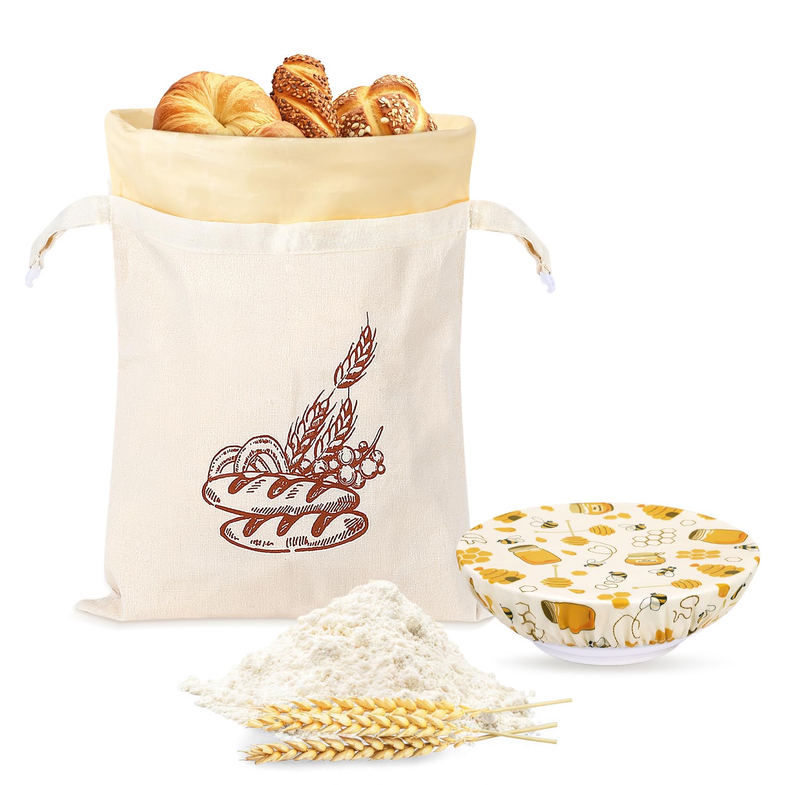 1 Stück 43*33cm Bienenwachs Brotbeutel und 20cm Schüsseldeckel Brotbeutel mit Bienenwachstuch Innenfutter Wiederverwendbare Brottüten Brot Obst Gemüse Aufbewahrung mit Frischhalten Gefriersicher