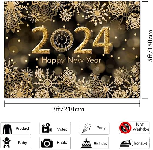 Miniatura 5 de Fondo fotográfico de feliz año nuevo 2024, copo de nieve, fondo de fotos negro con purpurina dorada para celebrar 2024 Nochevieja, suministros de