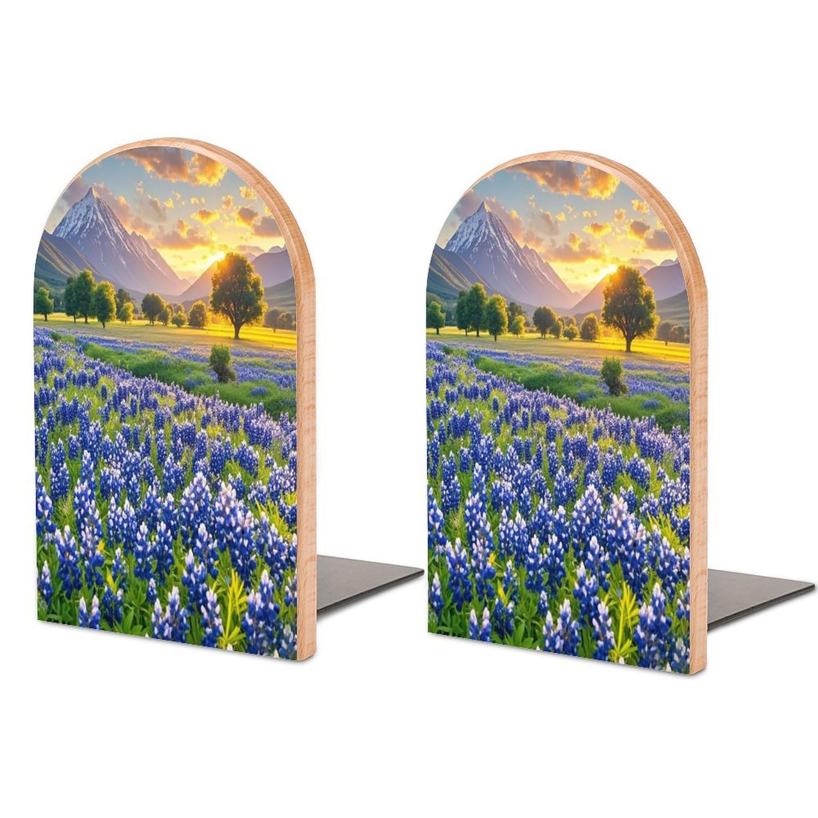 Texas Bluebonnets Scenery Bookend Non-Skid Wooden Bookends for Shelves Heavy Duty Wood Book Ends Decorative Book Stopper Book Stand Non-Slip Book Organizer for Home Office Library