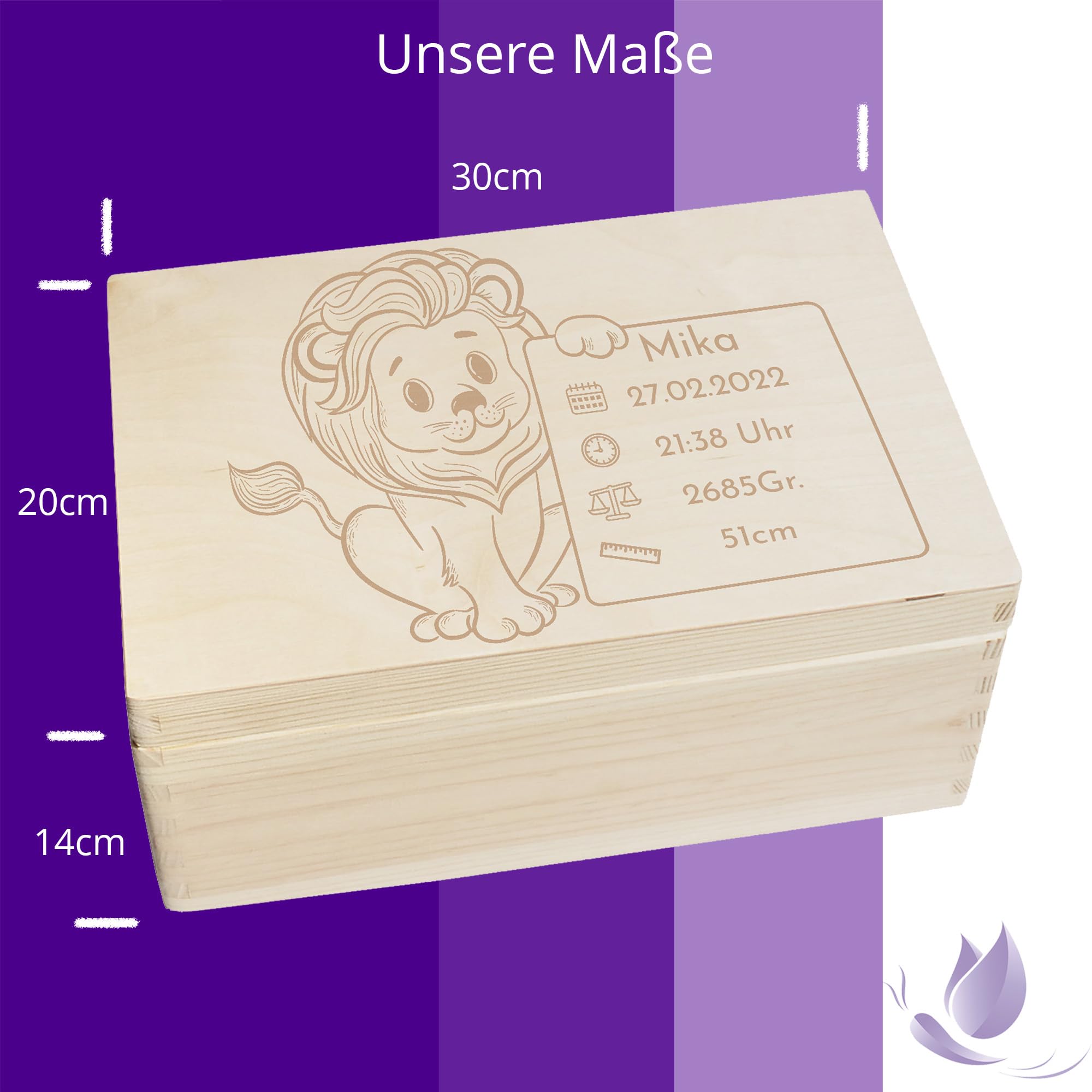 Scatola dei ricordi personalizzata per neonati e bambini, con incisione a leone, scatola in legno per bei ricordi, 30 x 20 x 14 cm