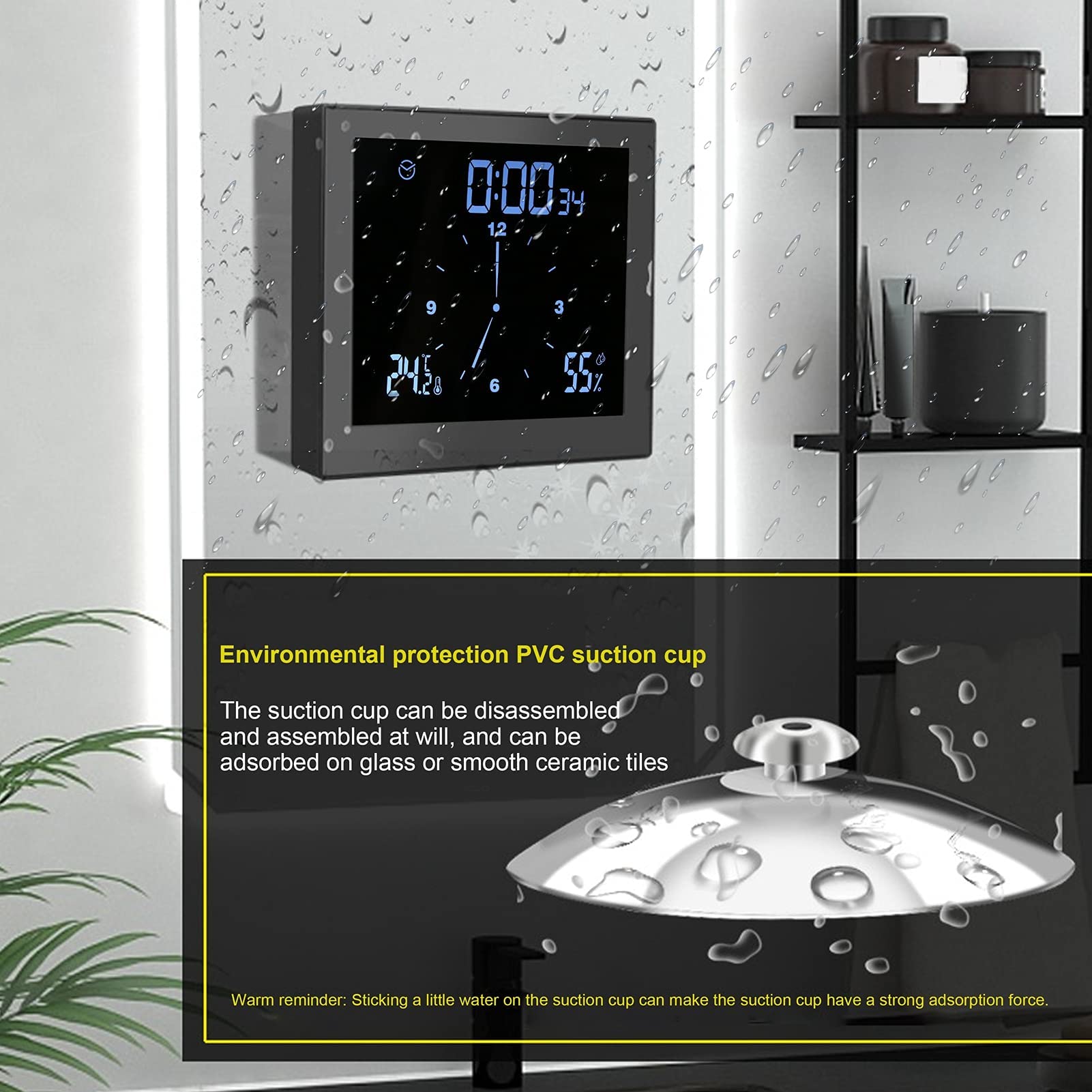 Ejoyous Reloj Pared con Termometro, Impermeable IP65 Reloj de Ducha Digital LCD Reloj de Ducha ℃ / ℉ Temperatura/Reloj de baño con función de Alarma y Temporizador de Cuenta atrás(Blanco)