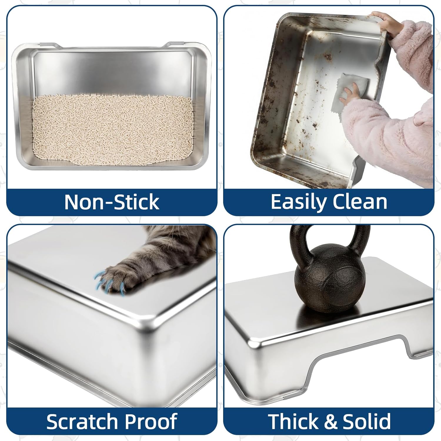 FHTONGE Low Entry Stainless Steel Cat Litter Box, Splash-Proof Hight Wall Metal Kitty Litter Box Kitten Toilet for Senior Arthritis Spay Injured Cats, 23.6 x 15.8 in