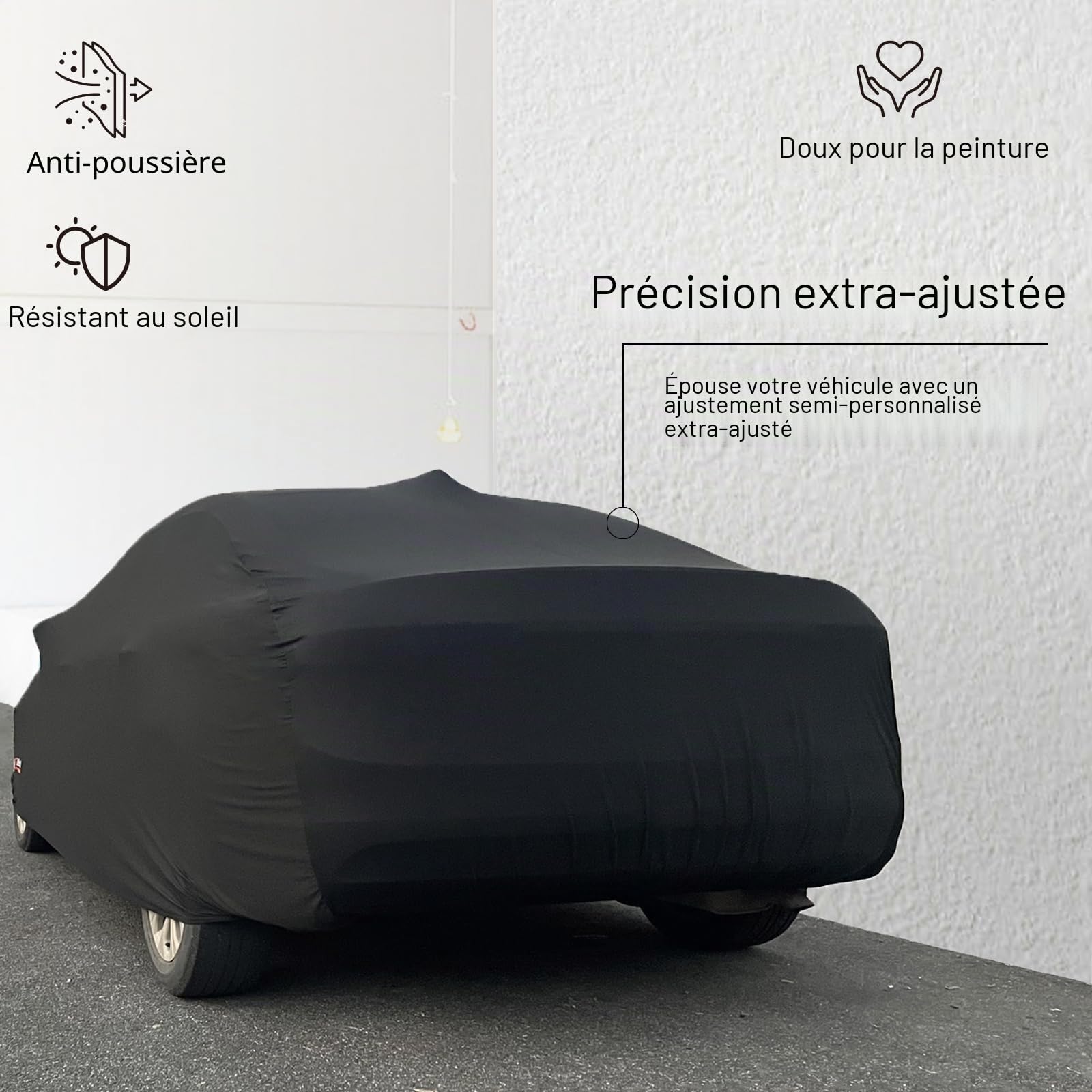Bâche Voiture Intérieure Extensible, Protection de Luxe Contre la Saleté et la Poussière, Doublure Intérieure Douce, Respirante, Anti-poussière, Bache Voiture Noire pour SportCar-M