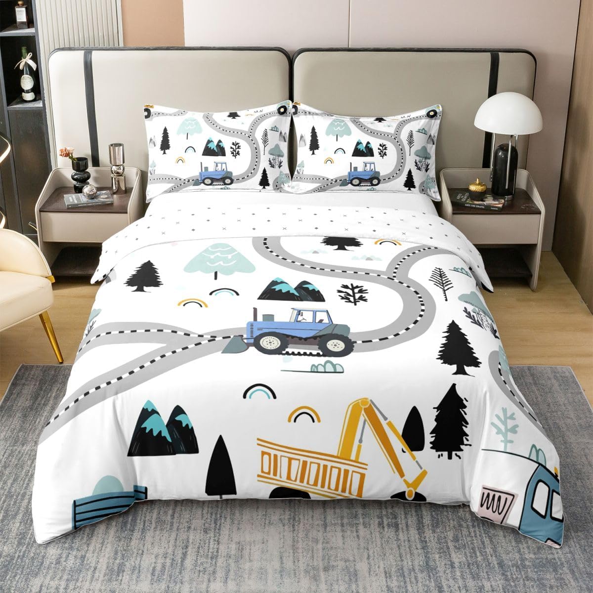 Erosebridal 100% Natural Cotton Construction Full Size Bedding, Yellow Vehicle Duvet Cover, Toddler Boys Cartoon Excavator Bed Set, Kawaii Comfy Cozy Room Decor
