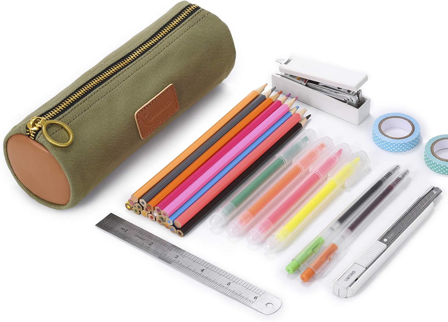 iDream365 Canvas Simple Pencil Case Bag Pouch，Durable with Brass Zipper,Match Color Design-Green