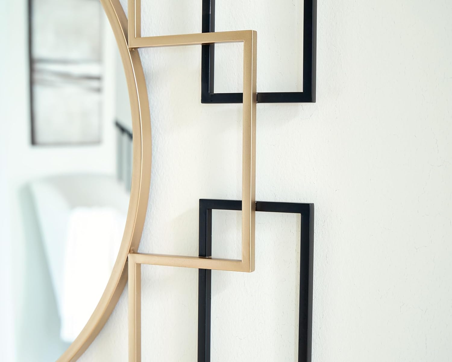 Signature Design by Ashley Oceanal Contemporary Accent Mirror, Geometric Design, Keyhole Bracket for Hanging, Metal Frame, 40" W x 1" D x 40" H, Black/Gold - Image 8