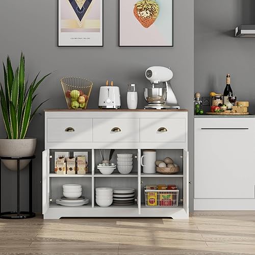 Miniatura 10 de Armario de cocina blanco para almacenamiento de buffet armario de cocina con 3 cajones y 3 puertas estantes ajustables mesa de consola para comedor