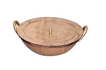 Rewari Handicrafts Brass Handmade Cooking Kadhai with Lid for Kitchen Home Pital Hammered Kadhai Daily Use - Golden