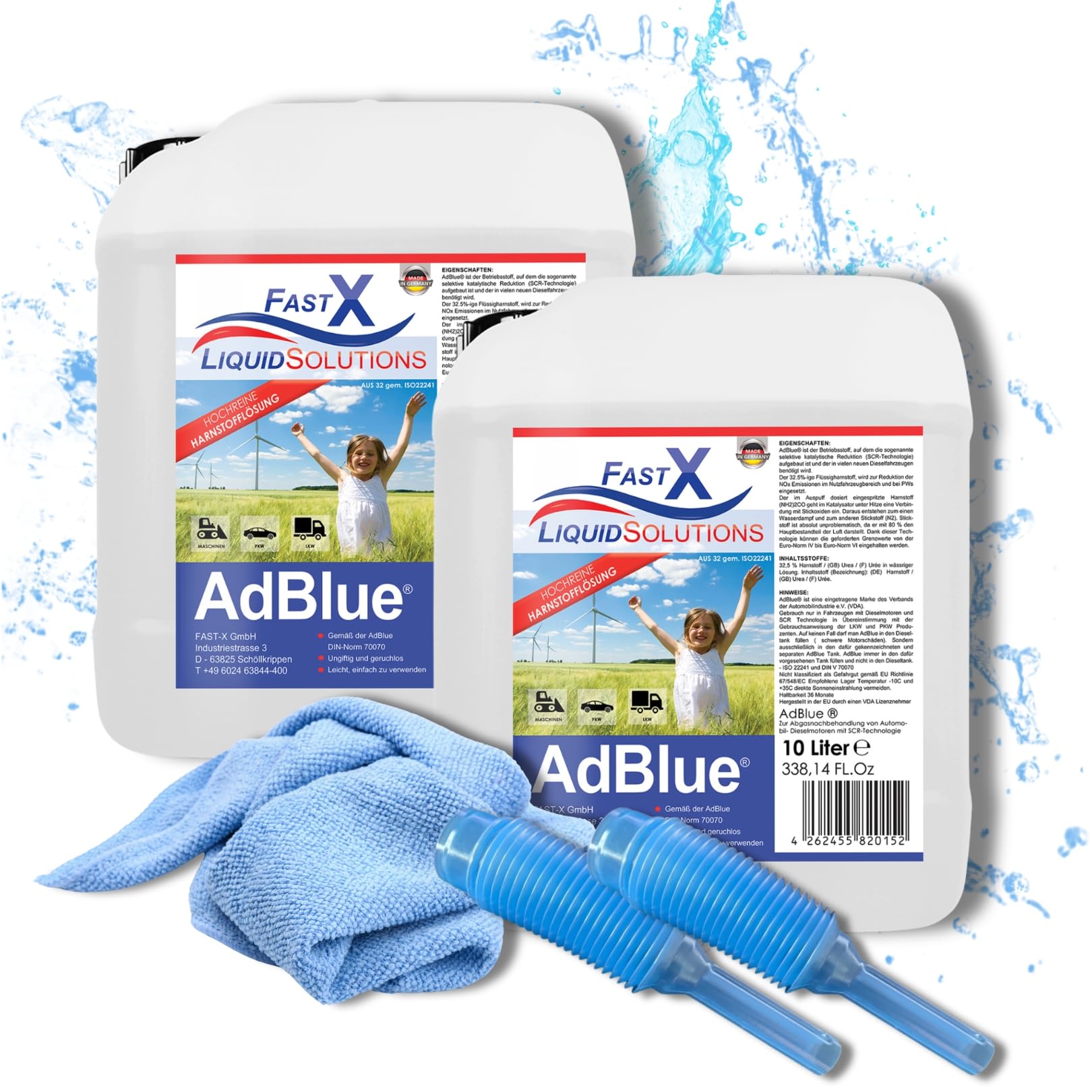 FASTX LIQUIDSOLUTIONS AdBlue 2x10 Liter Set inklusive Mikrofasertuch und Einfüllstutzen – Hochreine SCR Harnstofflösung für Dieselfahrzeuge