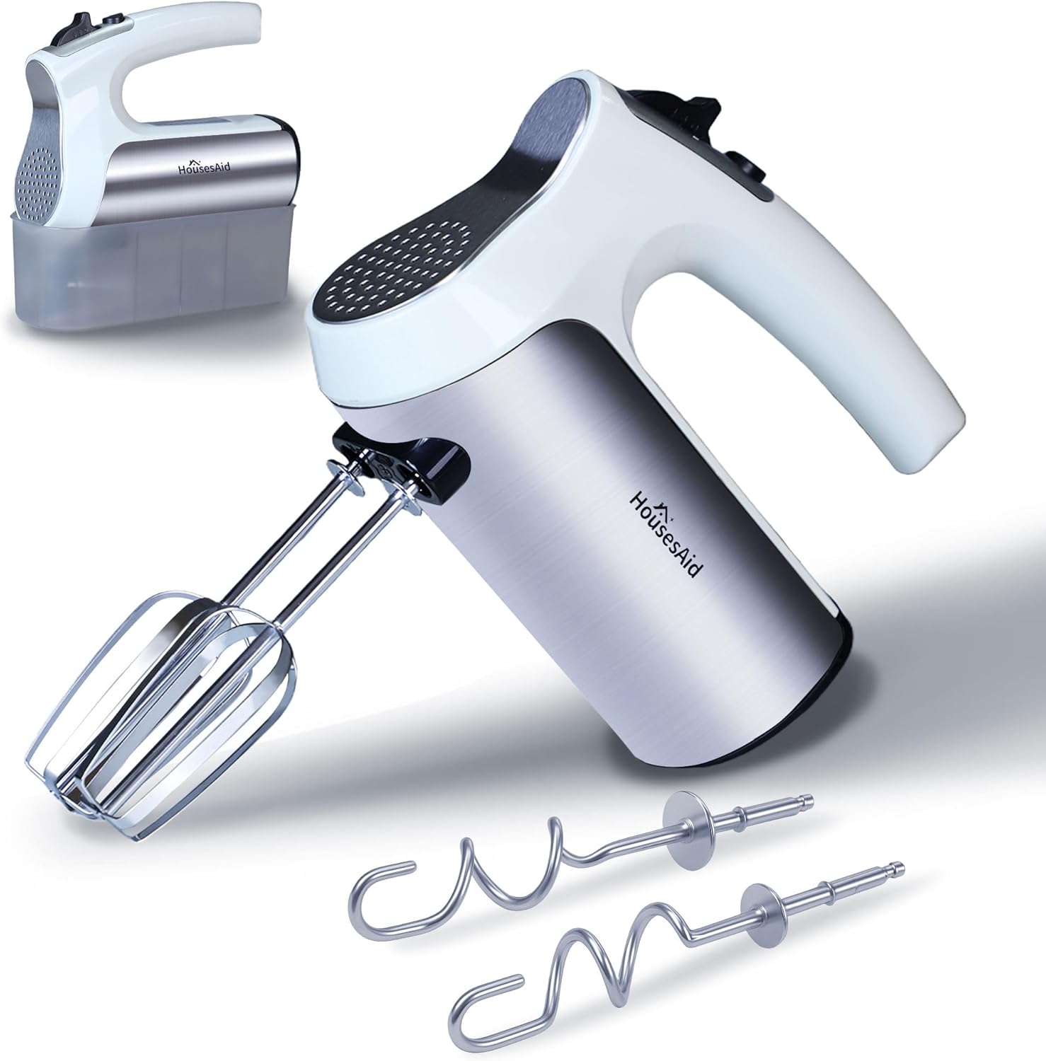 200W Hand Mixer, Lightweight Electric Mixer with Turbo Function, 5-Speed Handheld Mixer for Whipping, Folding, and Dough Kneading, Compact Storage with Attachments (white)