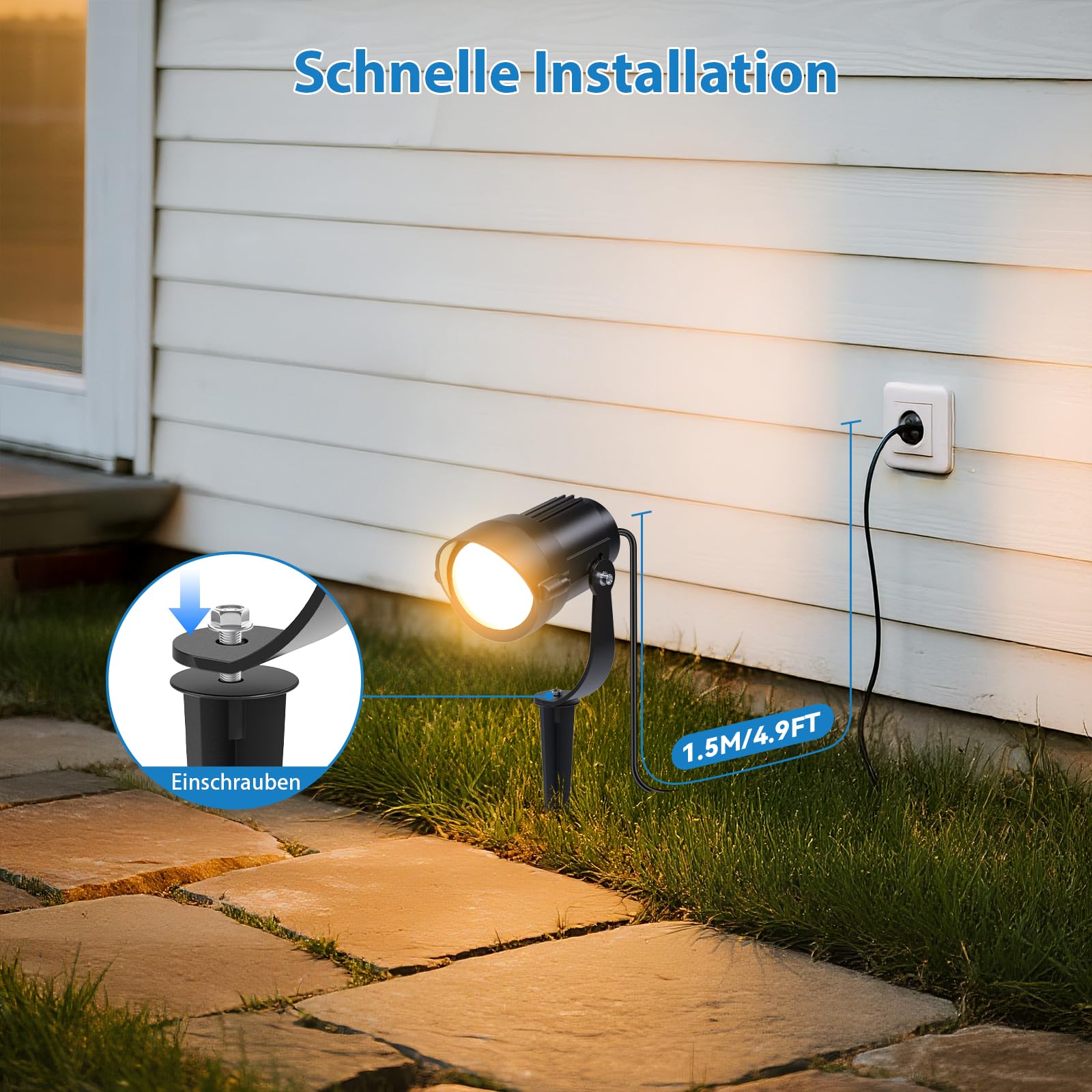 HIBOITEC 12W Gartenbeleuchtung mit 1,5 m Kabel Stecker, 2700K Warmweiß Gartenstrahler mit Strom Wasserdichte Led Außenbeleuchtung Garten, 1320 lm Gartenstrahler für Draußen Haus Hof Terrasse Gehweg