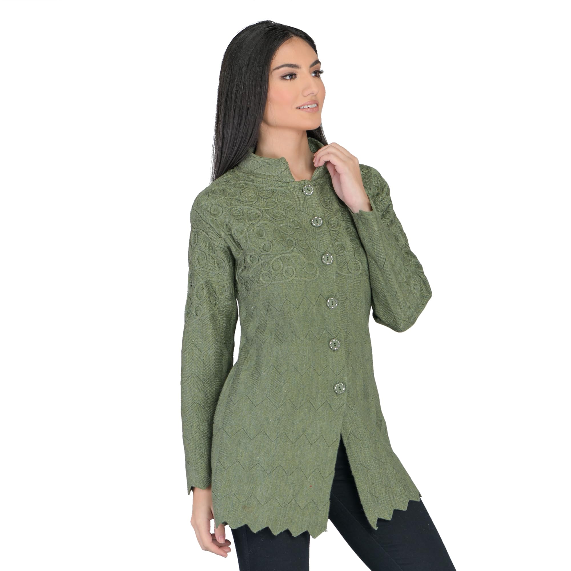 Women's Woolen Round Neck Cardigan With Heavy Front Embroidery - Winter Wear Pure Wool Long Cotty Fully Warm Cardigan With Side Pockets - Free Size-image-39