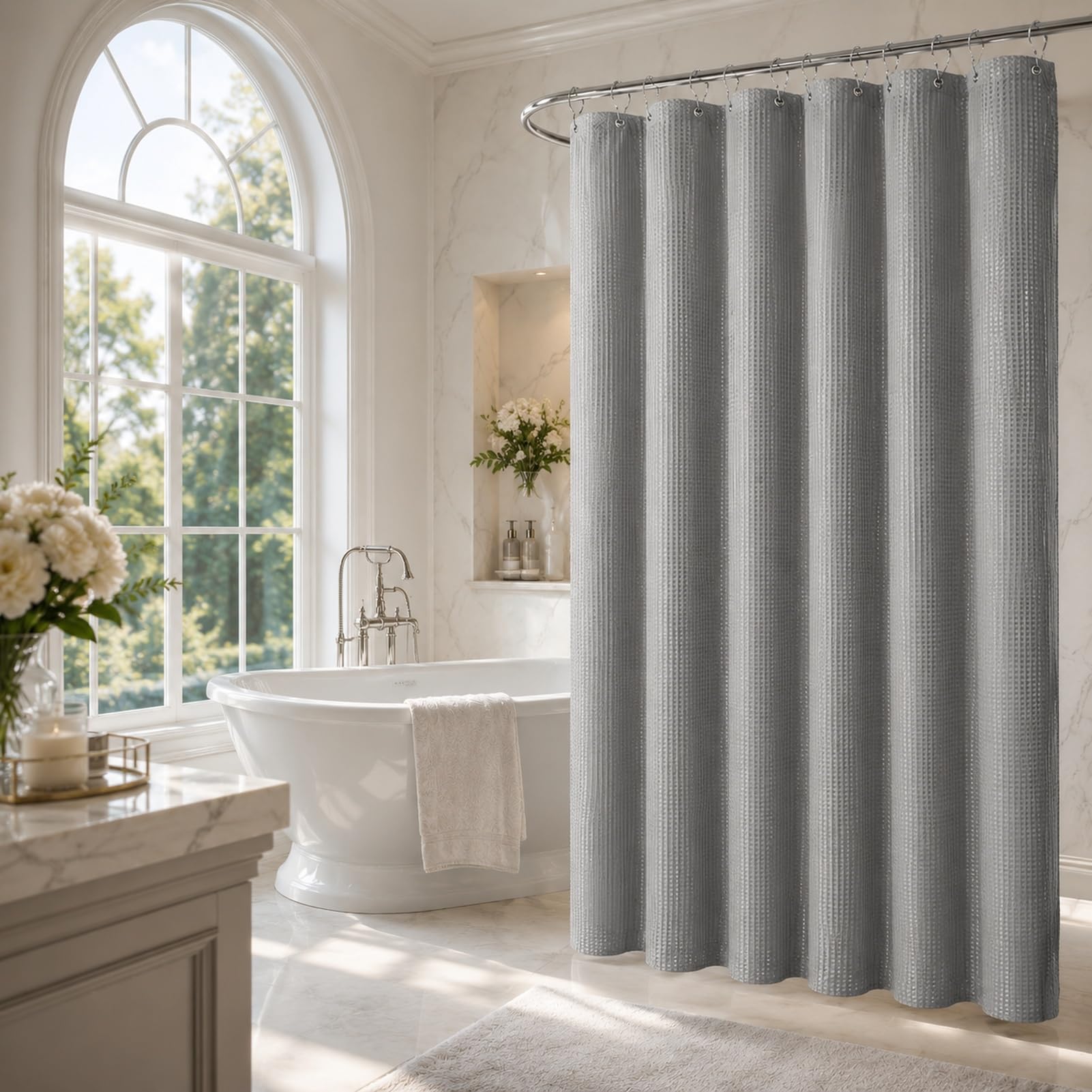 LaCyan 3-in-1-Duschvorhang-Set mit Waffelmuster, wasserdicht, mit 12 Edelstahl-Haken, doppelseitig, für Badezimmer, 183 cm, strapazierfähiges Polyestergewebe, 183 x 183 cm, Grau