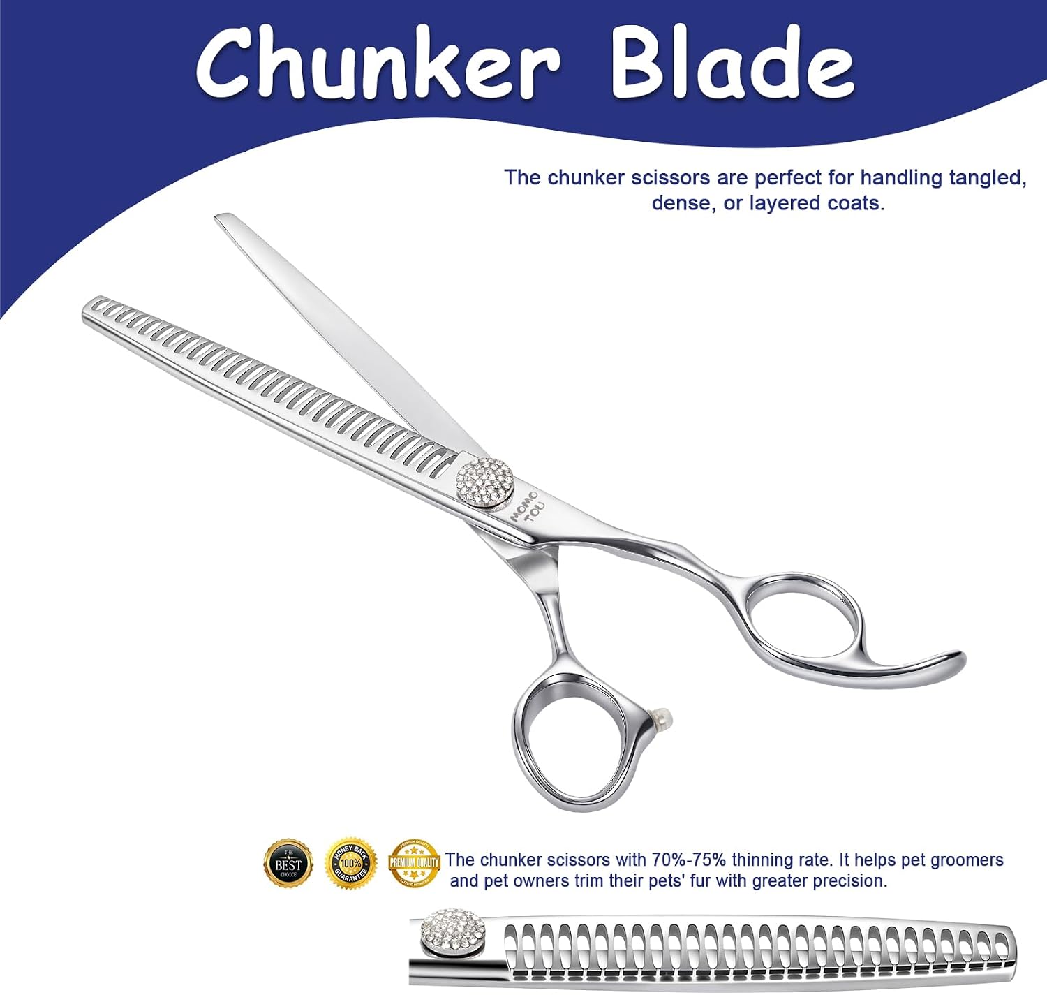 8'' Chunker Dog Grooming Scissors with Simulation Diamond 440C Stainless Steel Easy Use Polished Pet Dog Trimming Texturizing Shears for Groomers and Home Users