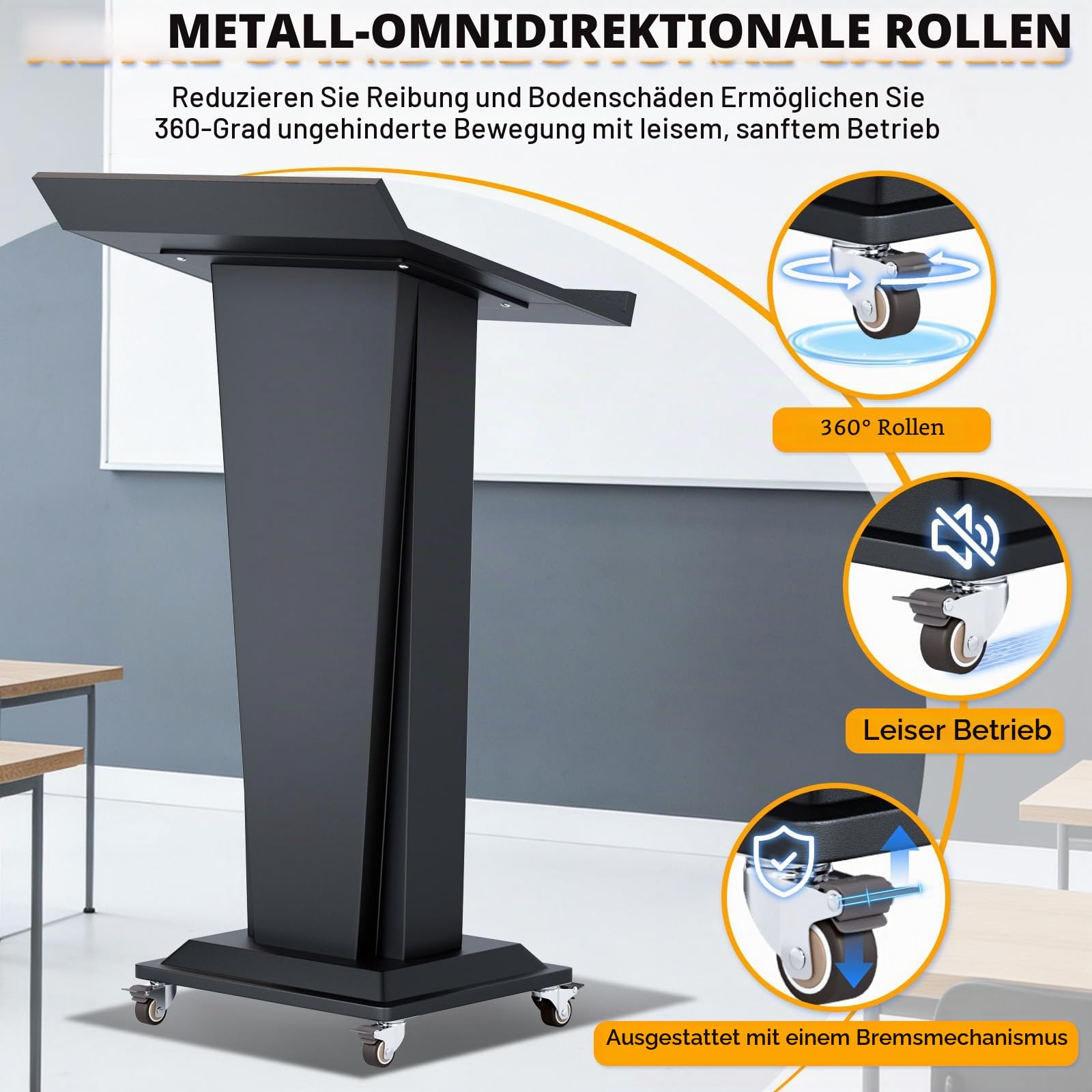 Metall Podium mit großem Aufbewahrungsschrank, Rednerpult mit 360°-Drehrollen, Kirche Kanzel mit Verdickt Breiter Leseplattform, Stabilität Podium Ständer for Kirche,Klassenzimmer(58x46.5x114cm)
