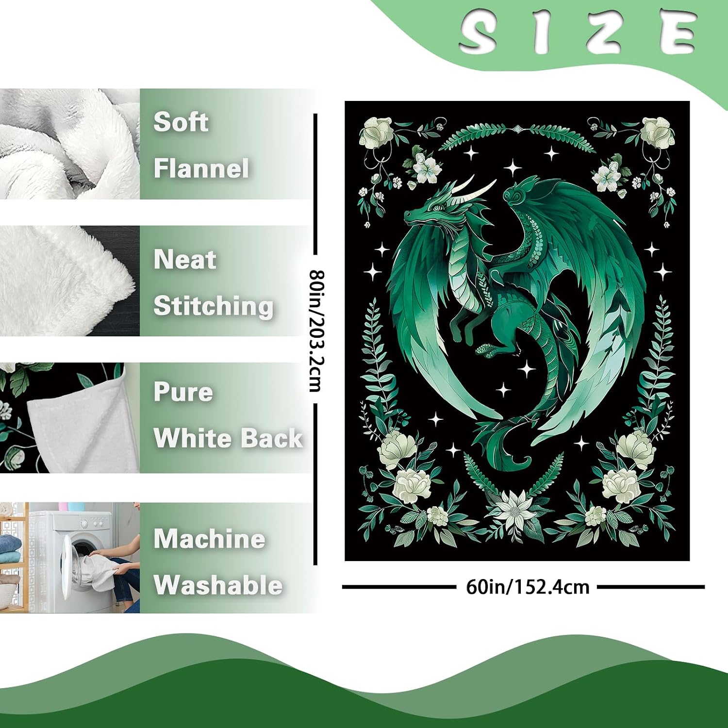 Green Dragon Flannel Throw Blanket, Birthday for Dragon Lover Kids Girls Boys Men Women, Botanical Flowers Soft Blankets for Bedding Sofa 60'' x 80''