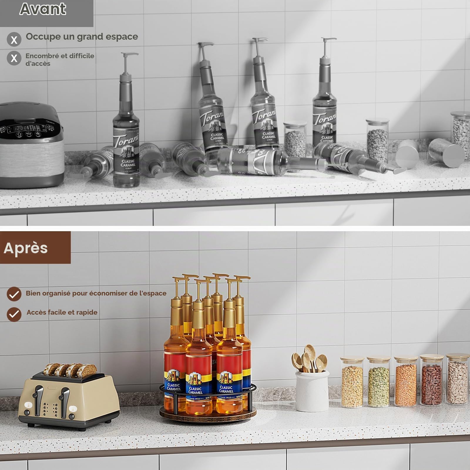 Nuovoware Support Rotatif 7 Bouteilles Sirop Café, Support en Acier au Carbone avec Base en Bois Support pour Bouteilles de Sirop de Café pour Sirops Aromatisés Thermos Liquor de Table, Noir+Marron