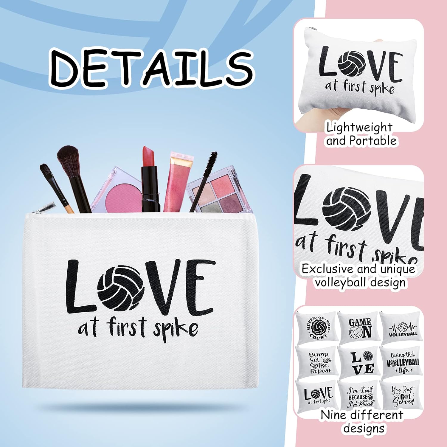 Saintrygo 9 Pieces Volleyball Makeup Bags Canvas Cosmetic Bags with Words Volleyball Makeup Case Portable Travel Storage Case Pouch Toiletry Bag with Zipper for Women Players Teams(White Base) - Image 3