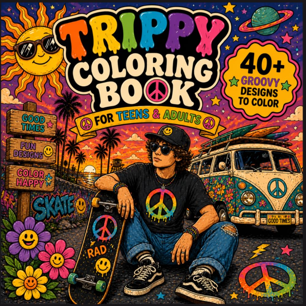 Groovy Coloring Book for Teens and Adults: Retro Trippy Art, Fun Bold Pages, Cool Skate Designs and Relaxing Fun