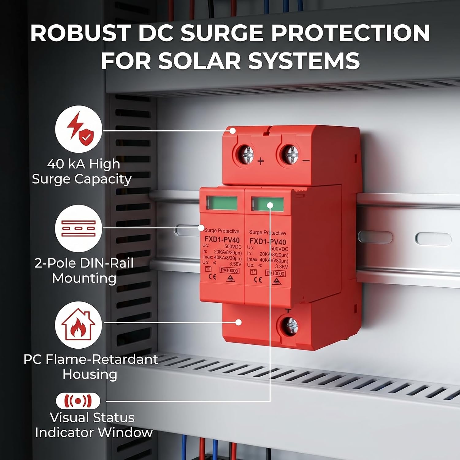 2Pcs Voltage Arrester Device 2P Protective Devices Rail Installation 40KA DC Photovoltaic Protector Low-Voltage Arrester with Remote Protectors (DC 500V)