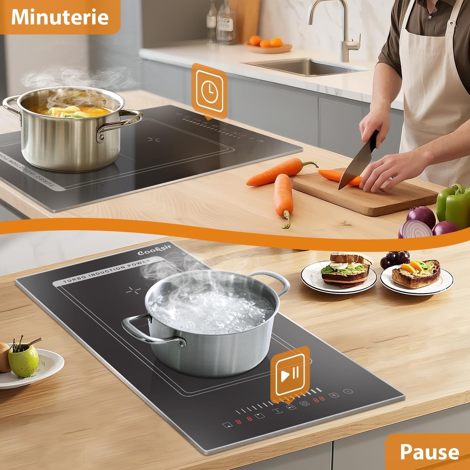 Plaque à Induction 2 Feux avec Prise, Plaque de Cuisson Encastrable 30CM avec Cadre Métallique, 3500W, Zone Combinée pour Barbecue, Curseur Tactile, Verrouillage de Sécurité, Minuterie, 220V - 5