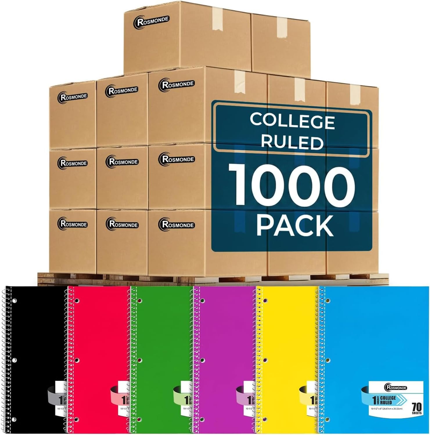 Rosmonde 1000 Packs (Pallet) 1 Subject Notebooks, Spiral Notebook Bulk, College Ruled, Pallet of Notebooks,70 Sheets (140 pages), 8 x 10-1/2",Bulk Spiral Notebooks for School & Office, 4-7 Days Transit